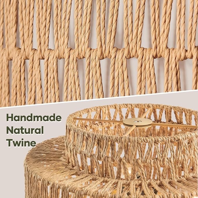 6"-41" Height Adjustable Farmhouse Chandelier Light Fixture, 3-Light Rattan Boho Chandeliers for Dining Room, Hand Woven Pendant Light with Linen Shade, Rustic Hanging Lighting for Kitchen Island