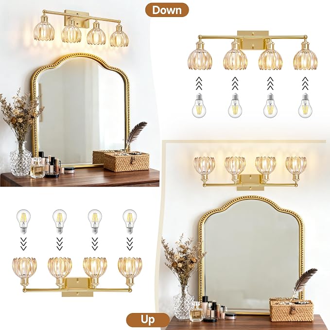 Bathroom Light Fixtures Over Mirror, 27.2 in Vintage Bathroom Light Fixture 4 Light,Antique Brass Wall Sconce with Amber Tulip Glass Shade for Bedroom Living Room,Foyer,Hallway, E26 Base