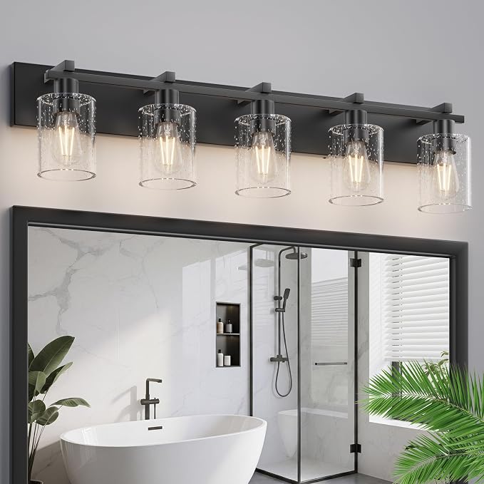 5-Light 37inch Black Vanity Light, Thickened Seeded Glass Shade | Over Mirror for Bathroom, Rust Resistant, E26 Base, Easy Install, Removable Glass Shade Horizontal Mount, Dimmable
