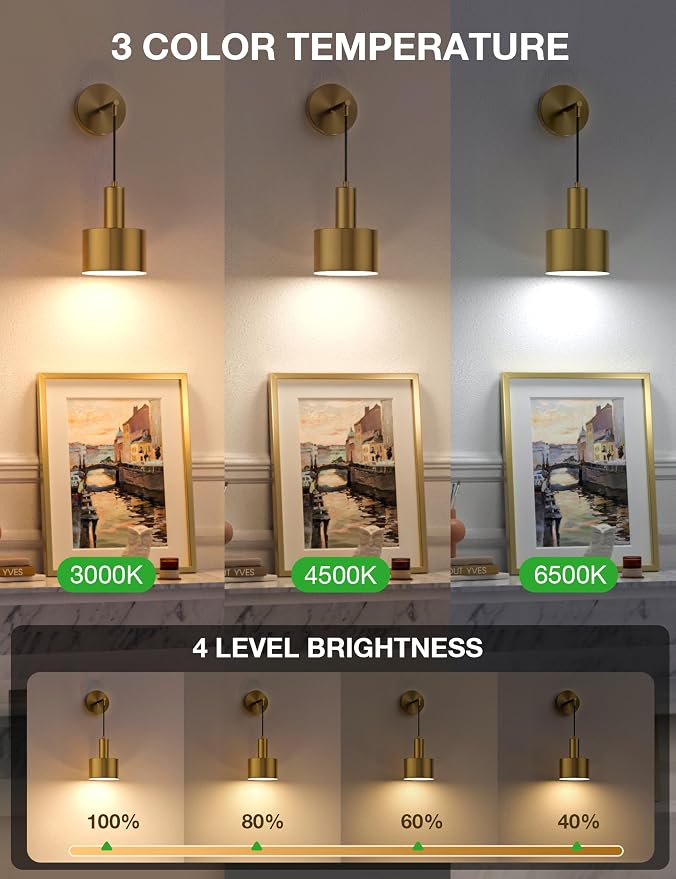 Battery Operated Wall Sconce Set of 2, Gold Wireless Rechargeable Wall Lights with 5200mAh Dimmable Detachable Bulbs and Remote, 9 Colors Sconces Wall Decor for Bedroom Living Room Hallway