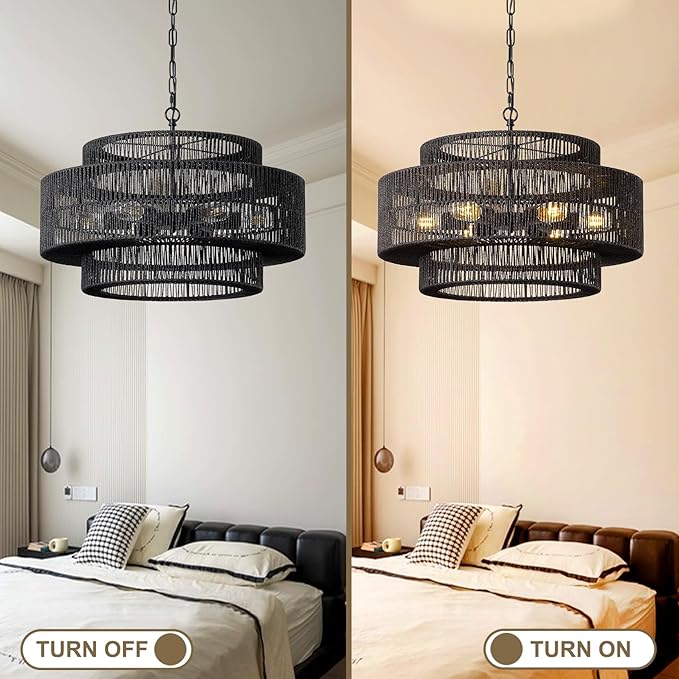 23.6" Black Large Boho Rattan Chandelier Light Fixture, 6-Light Rattan Hand-Woven Rustic Chandelier Drum Pendant Light Fixture for Dining RoomBedroom Living Room Entryway Foyer
