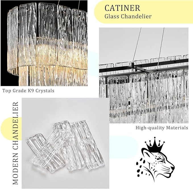 Black Rectangle Chandeliers for Dining Room Modern Crystal Glass Island Light 6-Light Chandelier Luxury Rectangular Linear Hanging Pendant Light Fixture for Kitchen L35.5”