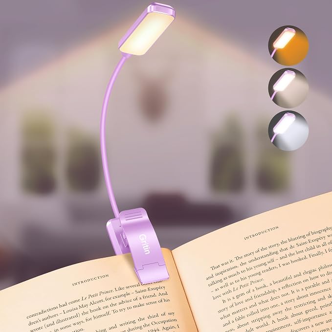 Gritin 9 LED Rechargeable Book Light for Reading in Bed | Eye Caring 3 Color Temps,Stepless Dimming Brightness,80 Hrs Runtime Small Lightweight Clip On Book Reading Light-Purple