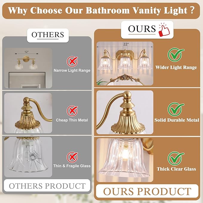 Brushed Gold 3-Light Bathroom Vanity Light, Crystal Glass Shade | Vintage Look, Antique Gold Finish, Solid Metal Frame, Wall Mount Lighting Fixtures Over Mirror, for Bathroom Restroom
