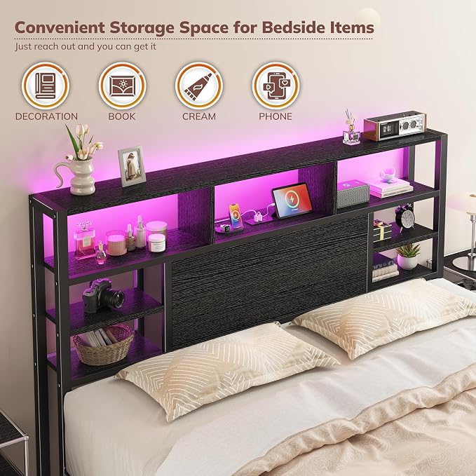 Homkdom Queen Bed Frame with Storage Headboard and Charging Station,Black | LED Lights，12.2" Under-Bed Storage，Supports up to 1100 LBS，No Box Spring Needed，Noise-Free,Easy Assembly