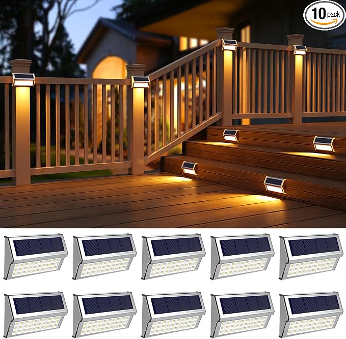 ROSHWEY Deck Lights, 10 Pack 30 LED Deck Lights Solar Powered Outdoor Waterproof, Patio Step Lighting Outdoor Decor, Stainless Steel Backyard Lamp for Garden Yard Porch Stair Railing, Warm White
