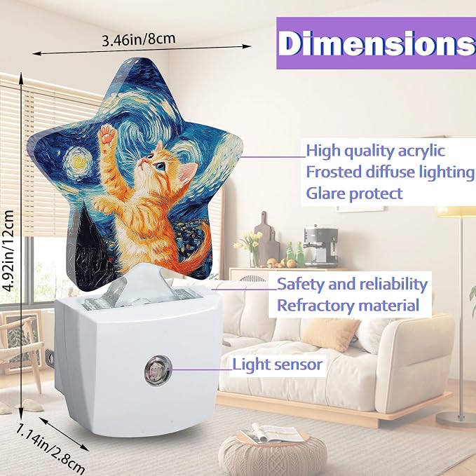 Cute Cat Night Lights Plug Into Wall,Blue Starry Sky Dusk to Dawn Light Sensor Night Light for Kids, Energy Efficient Sleep Friendly Lamp for Bedroom Bathroom Nursery