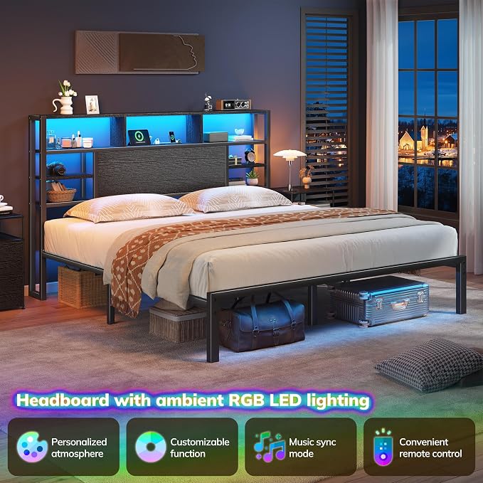 Homkdom King Bed Frame with Storage Headboard and Charging Station, Black | LED Lights,12.2" Under-Bed Storage,Supports up to 1100 LBS,No Box Spring Needed,Noise-Free,Easy Assembly