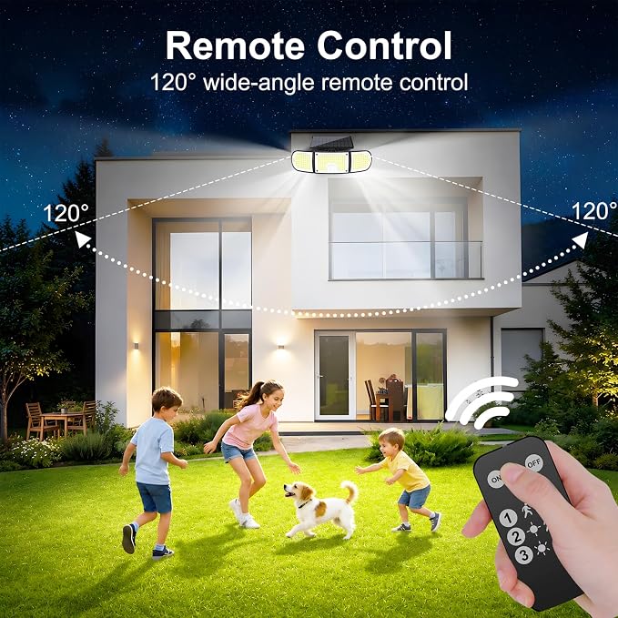 Solar Motion Sensor Lights Outdoor, 3000LM 218 LED 3 Heads Security Flood Light with Remote Control, IP65 Waterproof 270° Wide Angle Solar Wall Lights 3 Modes for Garage,Yard,Patio,2 Pack