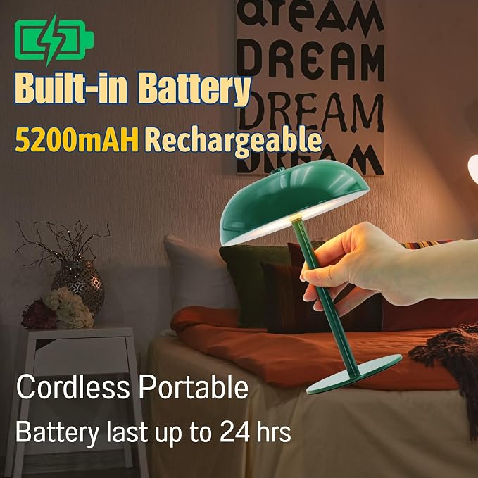 Portable LED Table Lamp, Cordless Dimmable Touch Table Light, Rechargeable Battery Operated Small Lamp with 3 Colors and Brightness Control for Bedroom/Patio/Bar/Coffee Shop (Green)