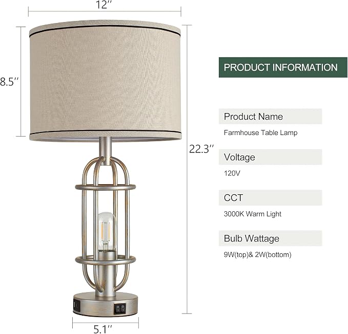 Reaketon Table Lamps for Living Room Set of 2, 22.3" Farmhouse Lamps for Nightstand, Industrial Table Lamps for Bedroom with USB Ports, Bulbs Included