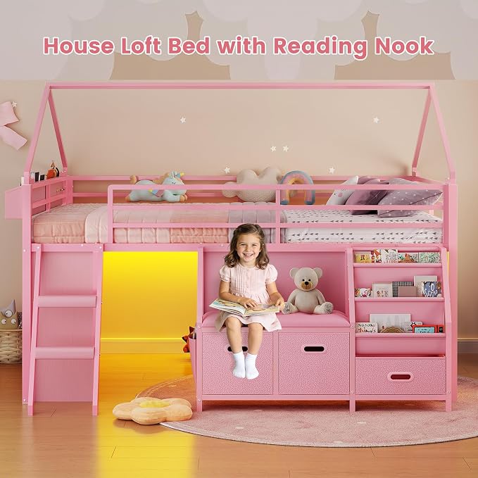 ADORNEVE Low Loft Bed Full Size with Bookshelf, Reading Nook & 3 Drawers | Pink Kids Loft Bed, LED Light, Storage Drawers, Under-Bed Play Space,Safety Guardrail, Inclined Ladde, Play Curtain