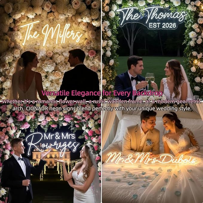 CIONAOR Custom Neon Sign, LED Wedding Backdrop Name Sign Customizable | Surname Last Name Sign for Reception & Ceremony, Dimmable Light Up Sign for Marry Me Proposal, Engagement Party Decor