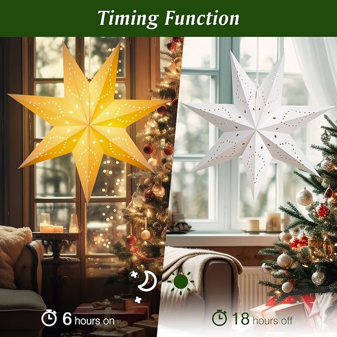 Lewondr Christmas Paper Star Lantern 3 Pack, Hanging Star Lights with Remote Control, Led Paper Lanterns with 6H Timer for Holiday Home Decoration