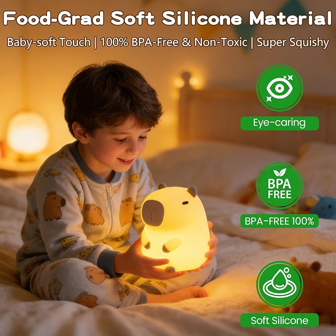 FAMIDUO Capybara Night Light for Kids,Safe Squishy Silicone Nursery Light | BPA-Free Silicone,20Min Timer,Dimmable Rechargeable Touch Bedside Lamp, Cute Gifts for Boys Girls Toddler, Kids Room Decor