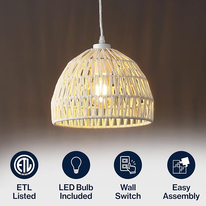 JONATHAN Y Campana 1-Light Pendant Dome Ceiling Lamp, 10.25", Cream | Modern Coastal Farmhouse Decor, Adjustable Height, Woven Rope Metal Frame, LED Bulb Included, UL Listed