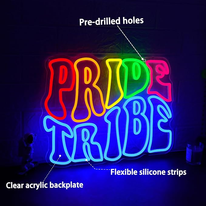 Pride Tribe Neon Sign for Wall Decor 16.54’’*12.6’’ Rainbow Neon Light Adjustable LGBTQ Light Up Sign Usb Powered Pride LED Neon Sign for Pride Month Bedroom Gay Bar Party Man Cave