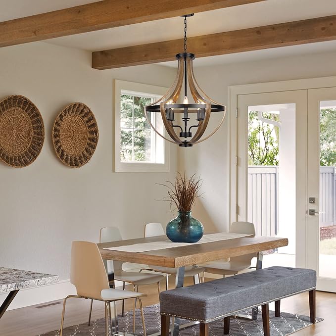 23.6" Large Farmhouse Chandeliers for Dining Room, 6-Light Adjustable Height Rustic Light fixtures for Kitchen Island Entryway Stairwell Breakfast Area, ‎Retro Wood Texture and Black Finish