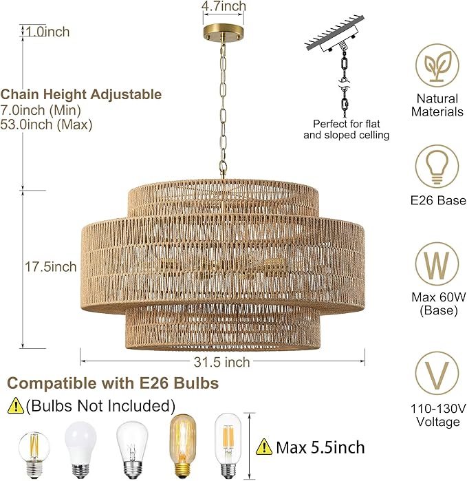 31.5"Large Boho Rattan Farmhouse Chandeliers for Dining Room,8-Light Rattan Hand-Woven Rustic Drum Chandelier Pendant Light Fixture for Kitchen Island Bedroom Living Room Entryway Foyer(Brown)