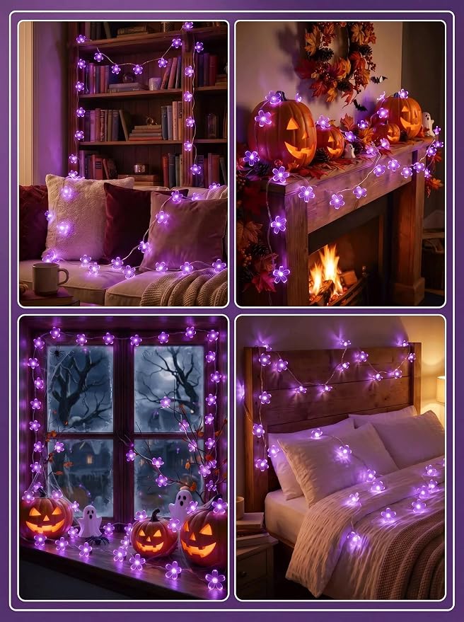 Flower Battery Operated Indoor String Lights 30L Cherry Blossom Fairy Light | Waterproof Outdoor Garden Party Camping Birthday Wedding Room Purple