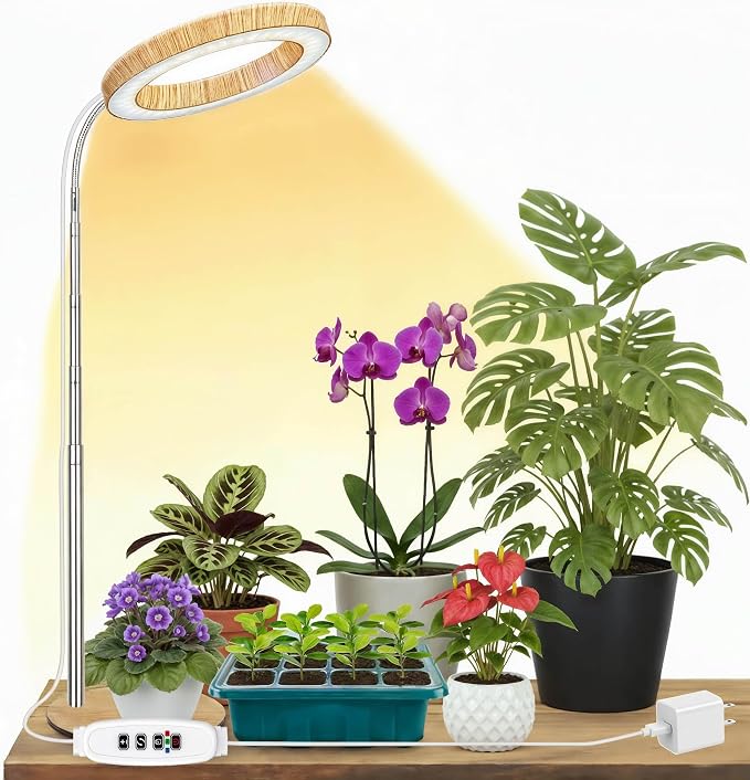 Grow Lights for Indoor Plants Full Spectrum, Desk LED Plant Light with Faux Wood Grain, 12"-43" Height Adjustable, Auto On/Off Timer 3/9/12H, 3 Modes 10 Dimmable Levels for Succulents, Herbs