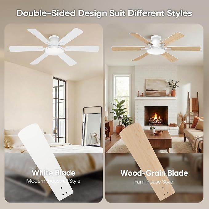 52'' Flush Mount Ceiling Fans with Lights for Living Room, White | 6 Blades, 6 Speeds, MAX 5600 CFM, Remote&APP Control, 3CCT Dimmable LED, All Metal Body, Memory Function, Reversible DC Motor