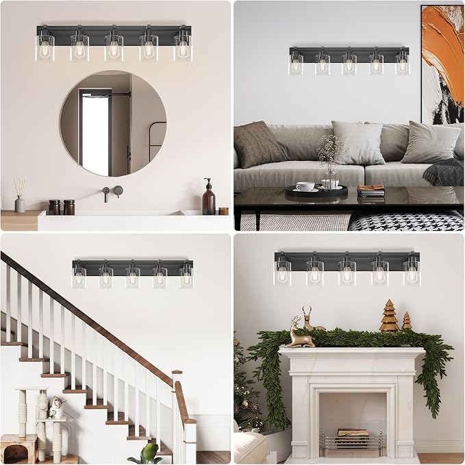5-Light 37inch Black Vanity Light, Thickened Seeded Glass Shade | Over Mirror for Bathroom, Rust Resistant, E26 Base, Easy Install, Removable Glass Shade Horizontal Mount, Dimmable