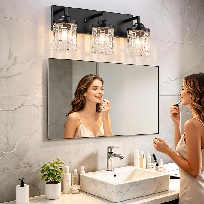 maesta Black Bathroom Light Fixture,3 Light Modern Vanity Light Over Mirror | Modern Vanity Light, Black Metal & Crystal Glass Fixture, Anti-Rust, Easy to Install for Bathroom Hallway Bedroom Entryway