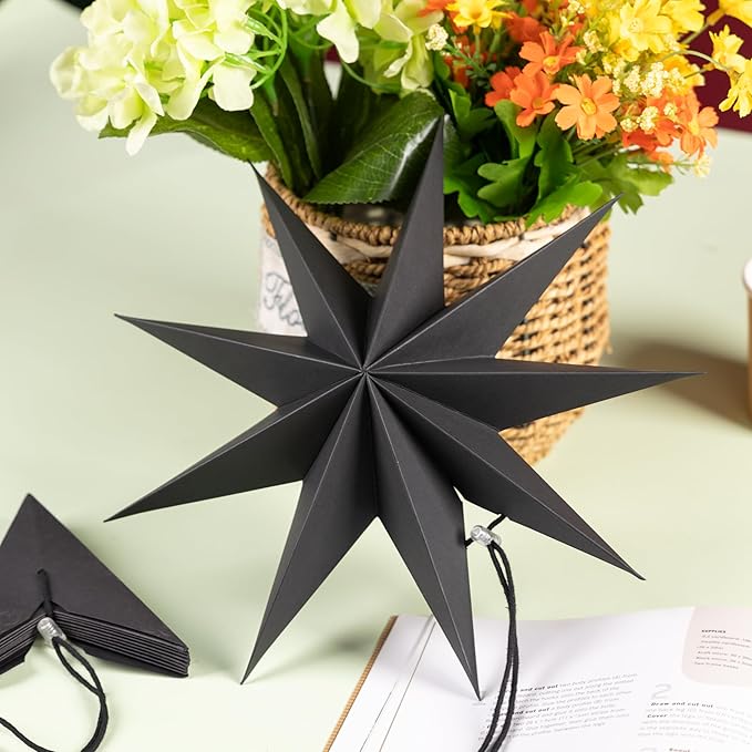 SUNBEAUTY 5 Pcs 9-Pointed Black Paper Star Lanterns 12 Inch Hanging Lamp Black Paper Funeral Decorations Christmas Birthday Home Holiday Party Decorations