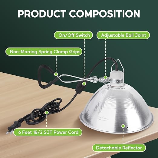 HealSmart 10.5" Clamp Light Socket and Bulb Guard, 250-Watt Maximum with 6 Feet 18/2 SPT-2 Cord, Aluminum Reflector E26 (no Bulb Included), for Reptiles and Plants Growing, (Pack of 1)