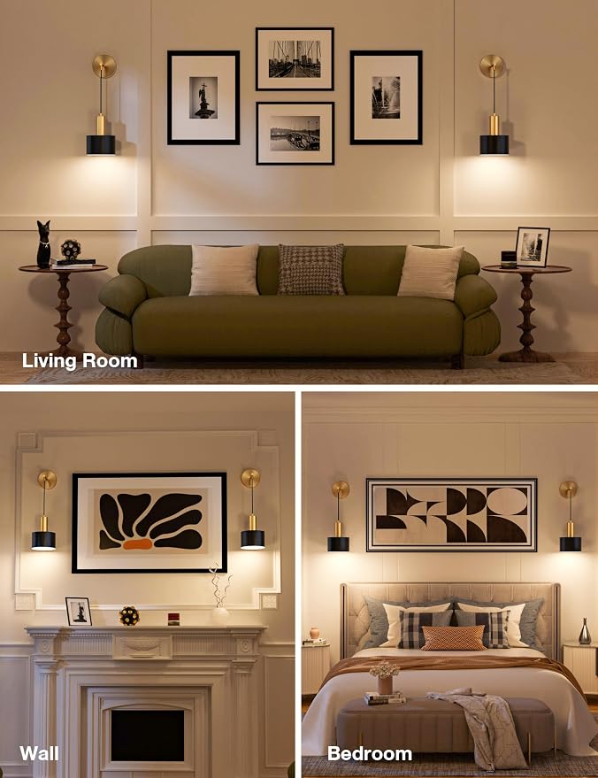 Battery Operated Wall Sconce Set of 2, Gold & Black Wireless Rechargeable Wall Lights with 5200mAh Dimmable Detachable Bulbs and Remote, 9 Colors Sconces Wall Decor for Bedroom Living Room