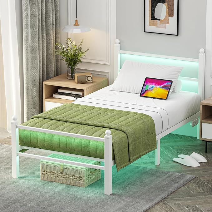 Jenmit Twin Size Bed Frames with Charging Ports&LED Lights,Heavy Duty Metal Slats Support,No Box Spring Needed,Noise Free,No Squeak,Easy Assembly,for Girls Kids,White