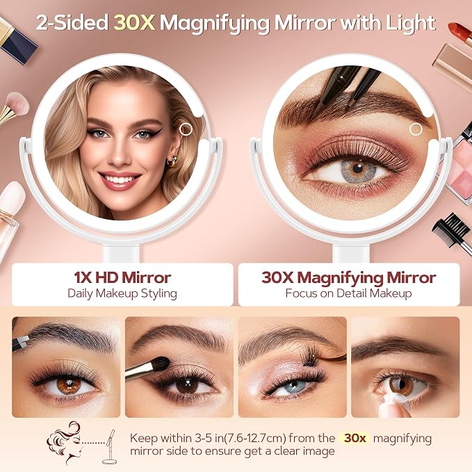Vanity Mirror with Lights, 30X Magnifying Makeup Mirror with 3 Lighting and Adjustable Brightness, Rechargeable 2-Sided Height Adjustable Desk Mirror for Bathroom, Women Gifts for Mom