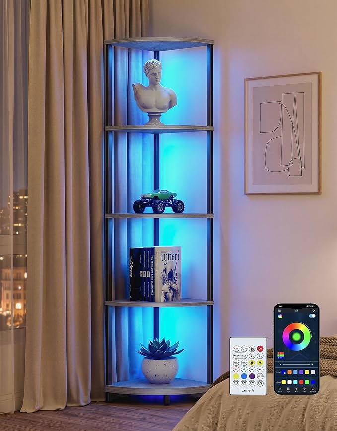 Corner Shelf with LED Light, 5 Tier Smart Color Changing Floor Lamp with Remote, 62" Display Shelf Bookshelf Narrow Storage Rack Standing Lamp for Living Room Bedroom Home Office Decor, Grey