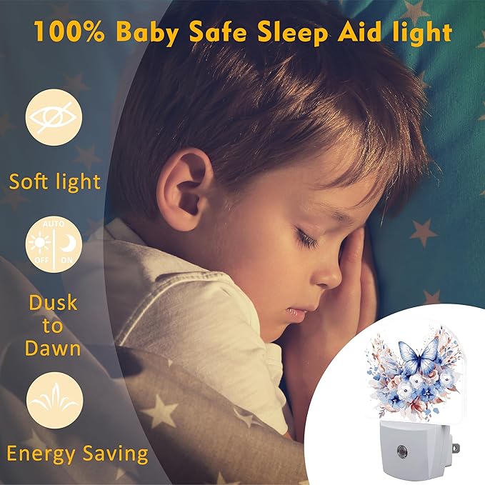 Watercolor Butterfly and Flowers Night Light for Kids,Elegant Blue Floral Plug in Night Light with Dusk to Dawn Sensor, 0.5w Energy Saving Nightlight for Hallway Stairway Kitchen Bedroom