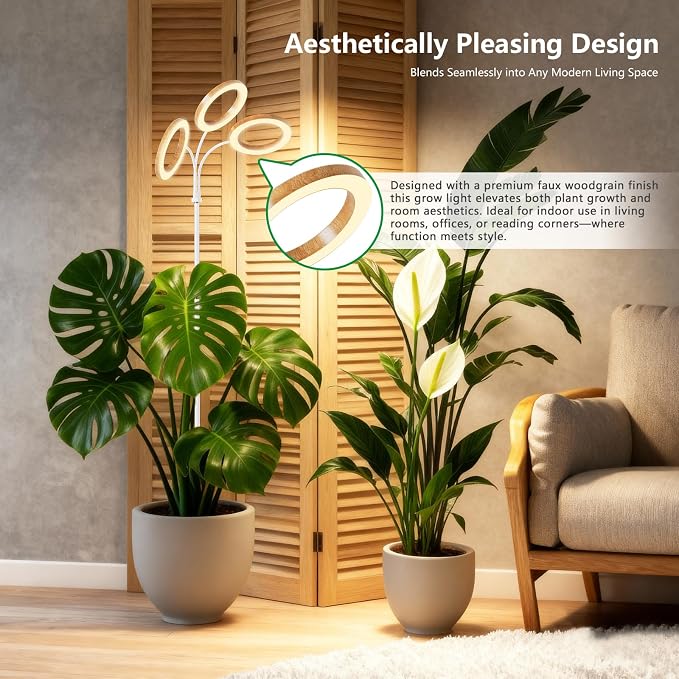 SDOVUERC Full Spectrum Grow Light with Stand for Indoor Plants, Floor Plant Light, 6/12/18H Timer, 3 Color Modes, Adjustable Height 16.5–68in, for Large Plants & Home Décor(Tri-Head,Faux Wood Grain)