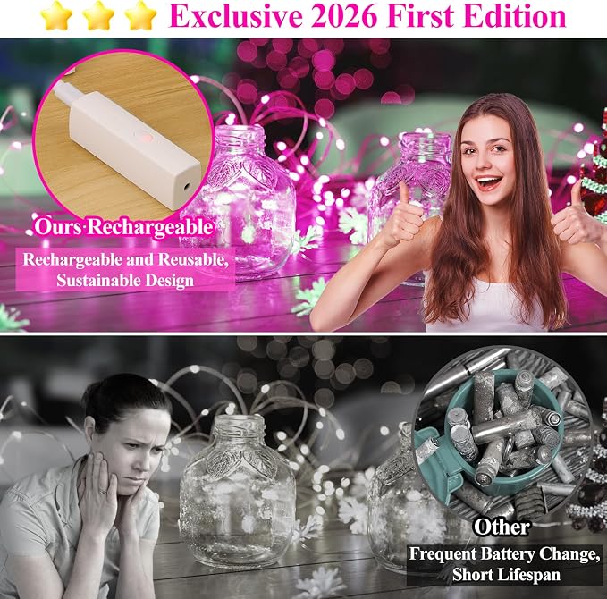 16FT(5M) Pink Copper Wire Fairy Lights, Rechargeable Battery Operated String Lights with Timer, 8 Modes Waterproof Mini LED Twinkle Lights for Bedroom Christmas Wedding Centerpiece Table Decor