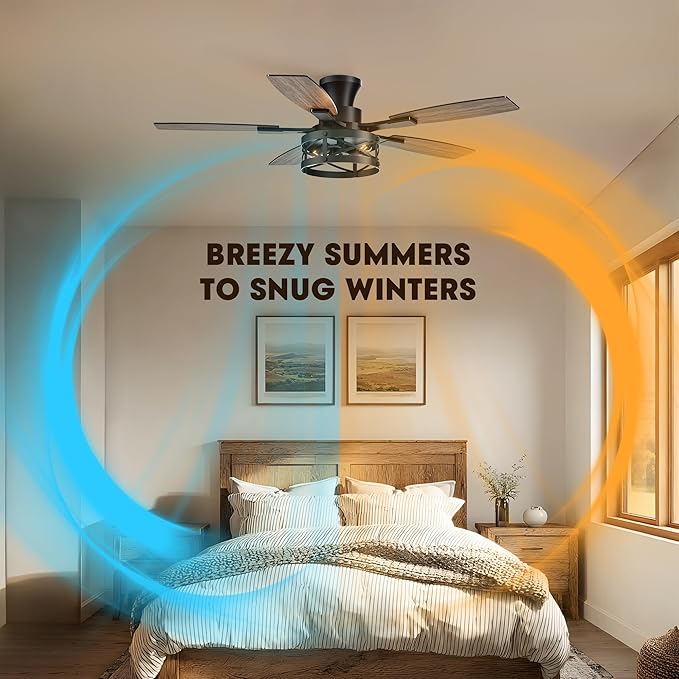 52-Inch Farmhouse Flush Mount Ceiling Fan Vintage wood-grain blades quiet powerful motor warm ambient light ideal for indoor spaces, bedrooms, living rooms farmhouse patios.