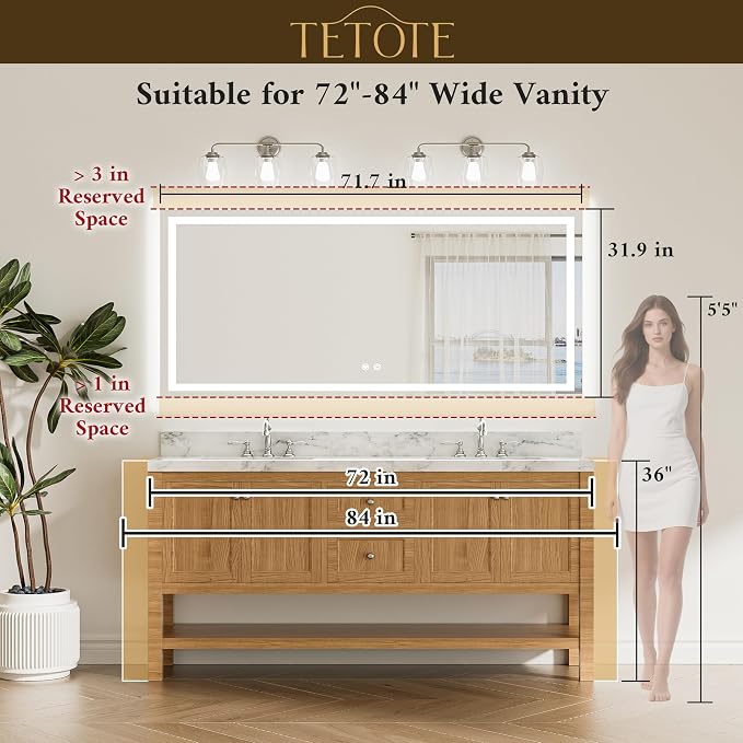 72 x 32 LED Bathroom Mirror, Brighter Lighted Bathroom Vanity Mirror with LED Lights, Light up Front and Backlit 3-Color Dimmable Anti Fog Illuminated Mirror, Waterproof, Shatterproof