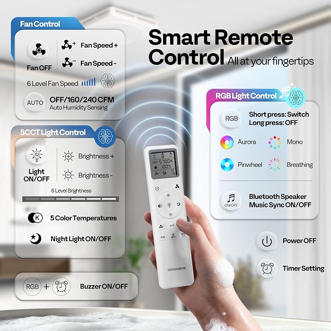 VIVOHOME Bathroom Exhaust Fan with Humidity Sensor, RGB Lights & Speaker | 240 CFM 6 Speeds, 1.6 Sones Quiet Energy-Saving EC Motor, Remote Control & Bluetooth Speaker, 11 x 12 in Easy Retrofit