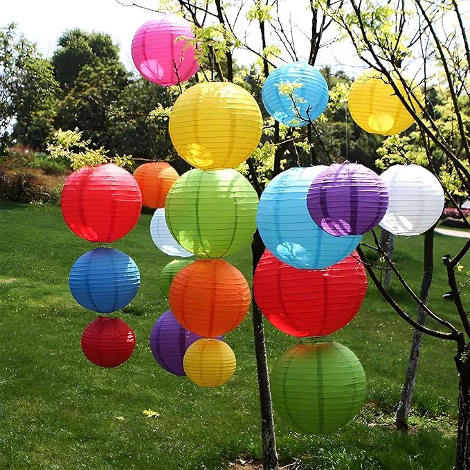 Rainbow Paper Lanterns 12Pcs Hanging Round Paper Lanterns Decorative for Graduation Baby Shower Wedding Birthday Family Parties ﻿
