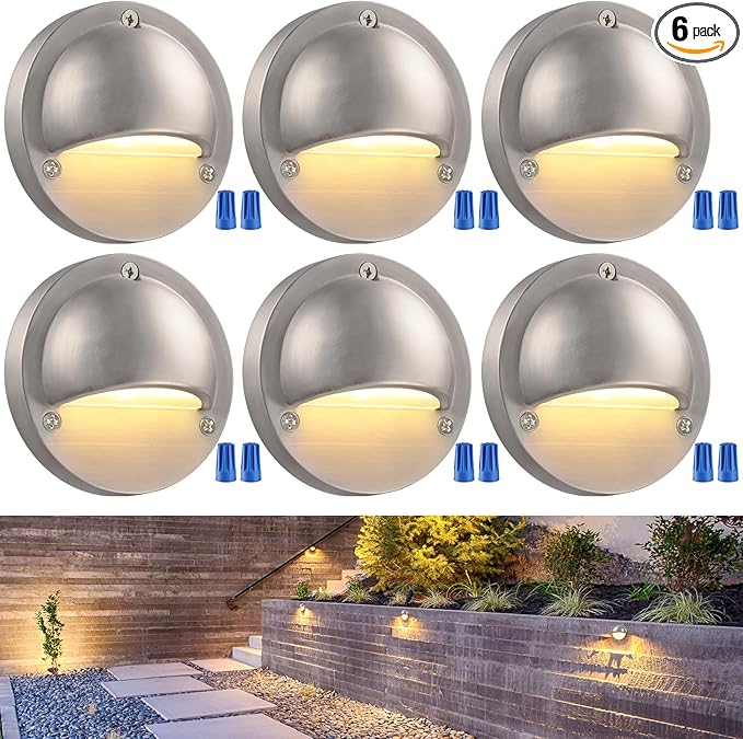 LEONLITE LED Low Voltage Deck Lights, 170LM 4.09inch Landscape Step Railing Fence Light, 12-36V AC/DC, Die-cast Aluminum Housing & Frosted Glass Lens, UL Listed Cord, Satin Nickel, 3000K, Pack of 6