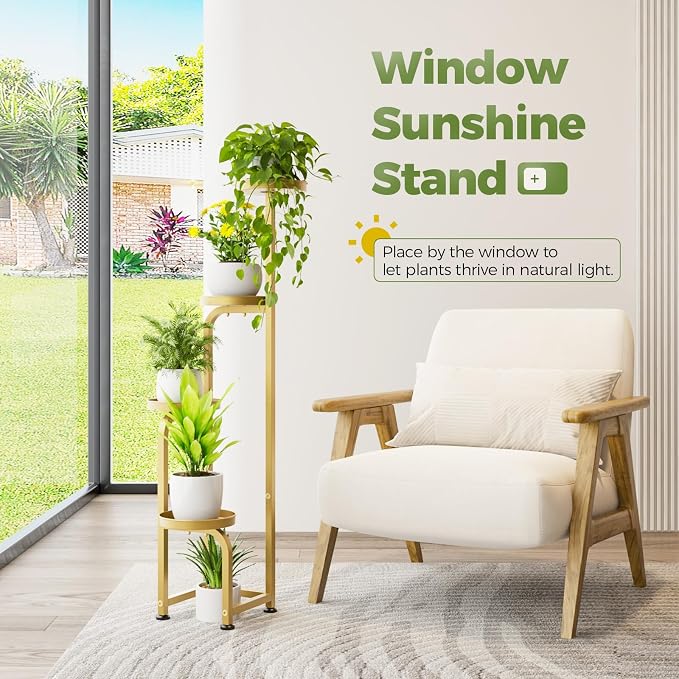Bamworld Corner Plant Stand Indoor Outdoor Tall Metal Flower Pot Stands | 4 Tier Gold Heavy Duty Plant Shelf for Patio Garden Balcony Living Room Bedroom(Patent Design)