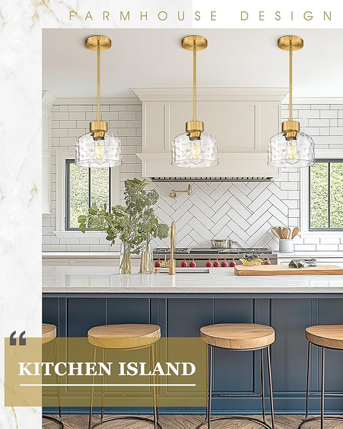2-Pack Pendant Lights Kitchen Island, 8" Brushed Gold Hanging Light Fixtures with HHammered Glass, Modern Brass Kitchen Pendant Lighting Over Island for Dining Room, AD-24024-1P2L-GD-H