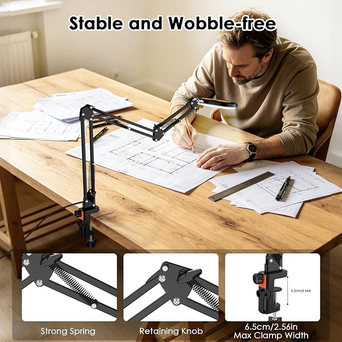 12X Magnifying Glass with Light and Stand Hands Free, Long Swing Arm Lighted Magnifier Lamp for Close Work, Dimmable Desk Magnifying Light with Clamp for Soldering Craft Jewelry Bench Sewing