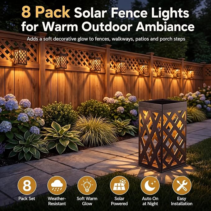 Solar Fence Lights Outdoor, 8 Pack Decorative Solar Lights with Warm Glow | Auto On at Dusk, IP65 Waterproof, No Wiring Accent Lighting for Fence, Patio, Deck, Walkway & Porch