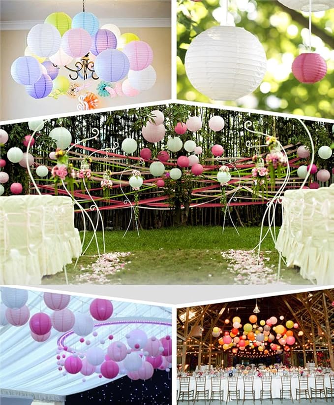 12pcs Pink Paper Lanterns with 12pcs White LED Lights, 6" 8" 10" 12" Round Hanging Chinese/Japanese Ball Lantern for Valentine's Day Easter Wedding