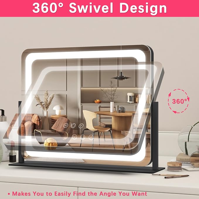 ROLOVE 22x17 Inch Lighted Vanity Mirror with Dimmable LED Lights - 3 Color Modes, Smart Touch Control & 360° Rotating Base - Desk Makeup Mirror (Black)