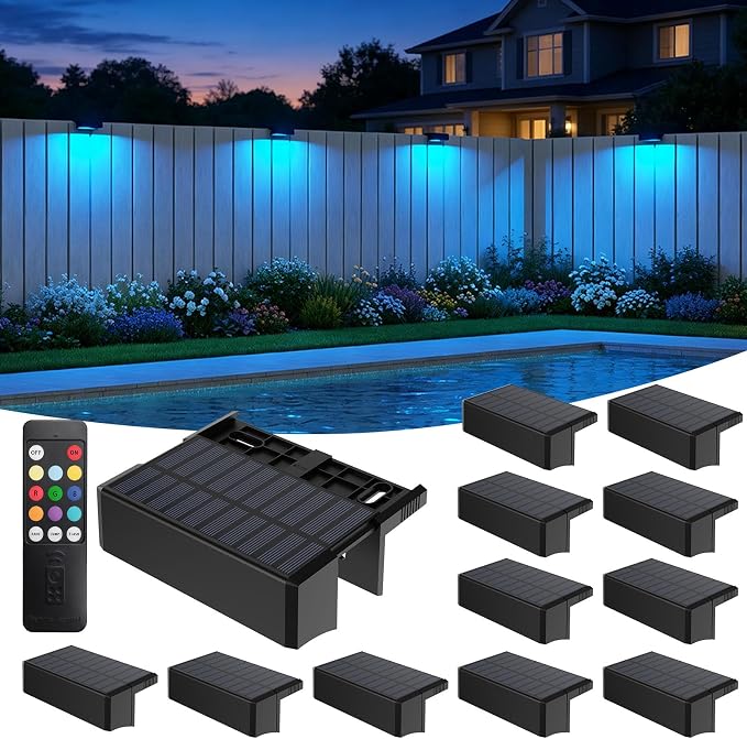 Fence Lights Solar Powered with Remote 12 Pack, 60 Lumen 5-LED Solar Fence Lights Outdoor, 9 RGB Colors IP65 Waterproof Dusk to Dawn Deck Lights for Backyard, Patio, Railing, Step, Wall, Stairs Decor