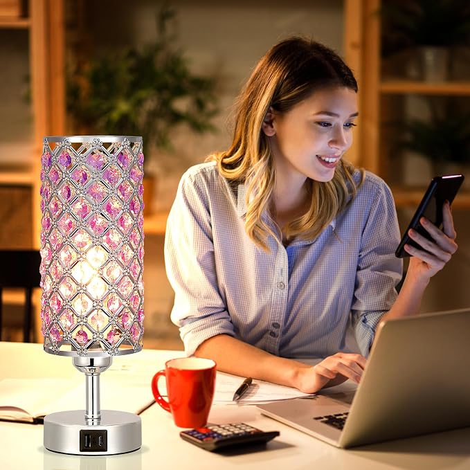 Hong-in Purple Lamp for Girls Room-Crystal Touch Lamp with USB-C+A Ports,3 Way Dimmable Bedside Light with Crystal Shade for Bedroom Home Office